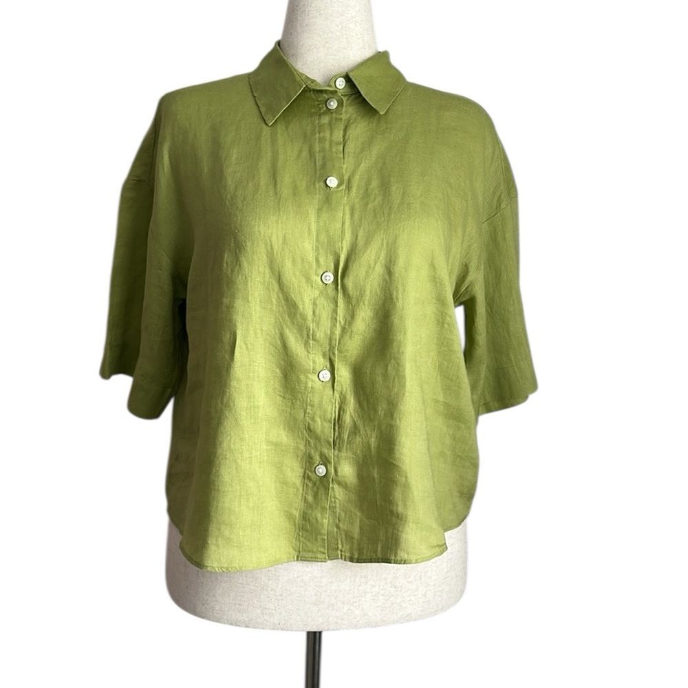 H&M Women’s Oversized 100% Linen Shirt Short Sleeve Size S Green NWT